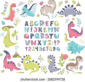 Vector set for printing on baby clothes. Dinosaurs, letters, numbers, volcano, carnivorous plants, flowers, twigs, alphabet stylized as dinosaurs. Bright letters and monsters.