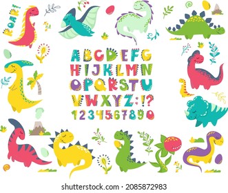 Vector set for printing on baby clothes. Dinosaurs, letters, numbers, volcano, carnivorous plants, flowers, twigs, alphabet stylized as dinosaurs. Bright letters and monsters.