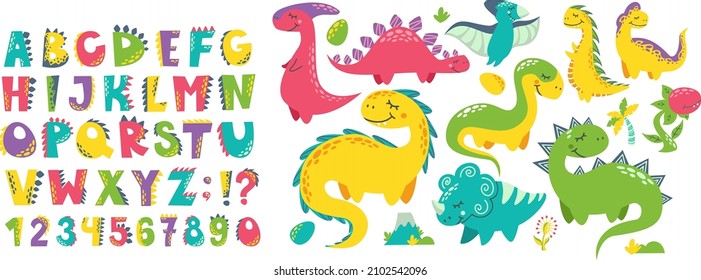 Vector preparado para imprimir en ropa de bebé. Dinosaurios, letras, números, volcán, plantas carnívoras, flores, ramas, alfabeto estilizado como dinosaurios. Cartas y monstruos brillantes.