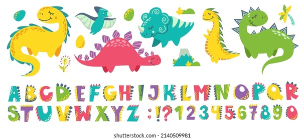 Vector set for printing on baby clothes. Dinosaurs, letters, numbers, volcano, carnivorous plants, flowers, twigs, alphabet stylized as dinosaurs. Bright letters and monsters.