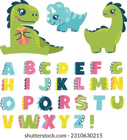 Vector set for printing on baby clothes. Dinosaurs, alphabet stylized as dinosaurs. Bright letters and monsters.