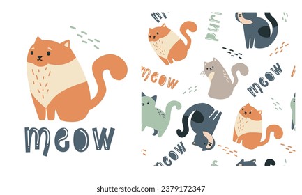 Vector set for printing on children's products. Seamless pattern and print for printing. Cute cats in Scandinavian style, boho, inscriptions pur and meow