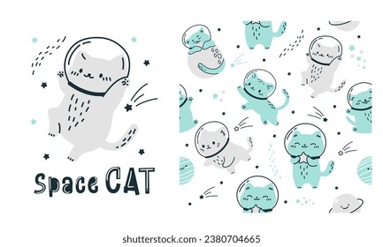 Vector set for printing on children's products. Seamless pattern and print for printing. Cats in spacesuits flying in space. Space cat inscription