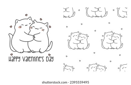 Conjunto de vectores para imprimir en productos para niños. Cutáneo de gatitos gordos, corazones, estilo lineal, patrón vectorial sin fisuras para el Día de San Valentín . Ilustración del vector