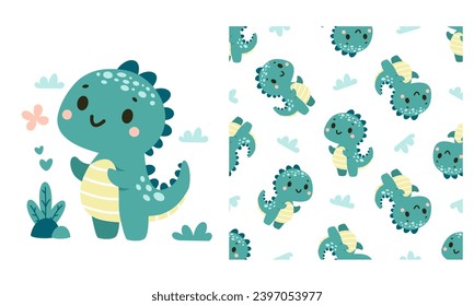 Conjunto de vectores para imprimir en productos para niños. Impresión corta para impresión y patrón vectorial sin fisuras. Un lindo dinosaurio mira una mariposa, nubes y plantas. Ilustración del vector