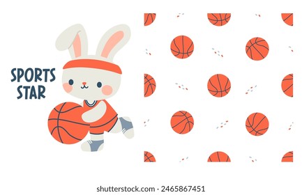 Vector set for printing on children's products. Cute hare playing basketball, white rabbit with ball. Seamless vector pattern for printing 