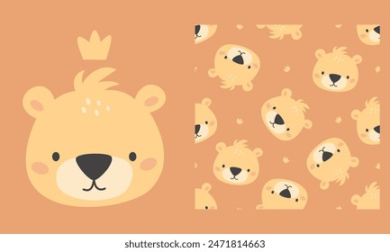 Juego de Vectores para imprimir en productos para niños. Cara de oso lindo con corona. Patrón de Vector sin costura sobre fondo marrón 