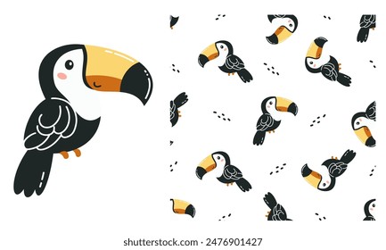 Vector set for printing on children's products. Cute toucan on white background 