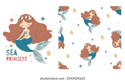 Conjunto de vetores para impressão em produtos para crianças. Sereia bonita, letras e estrelas do mar. Padrão de vetor contínuo 