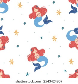 Vector set for printing on children's products. Cute mermaid, lettering and starfish. Seamless vector pattern 