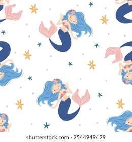 Vector set for printing on children's products. Cute mermaid, lettering and starfish. Seamless vector pattern 