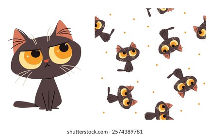 Vector set for printing on children's products. Cute black cat with big eyes, printable print and seamless vector pattern 
