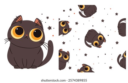 Vector set for printing on children's products. Cute black cat with big eyes, stars, printable print and seamless vector pattern 
