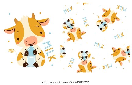Vector set for printing on children's products. Cute calf holding a bottle of milk, Milk lettering, printable print and seamless vector pattern 

