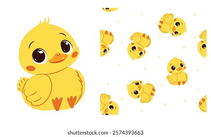 Vector set for printing on children's products. Cute duckling with big eyes, printable print and seamless vector pattern 
