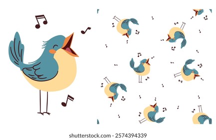 Vector set for printing on children's products. Cute singing bird with notes, printable print and seamless vector pattern 
