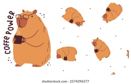 Vector set for printing on children's products. Cute capybara wearing office glasses and holding a coffee mug, coffee power caption, printable print and seamless vector pattern 
