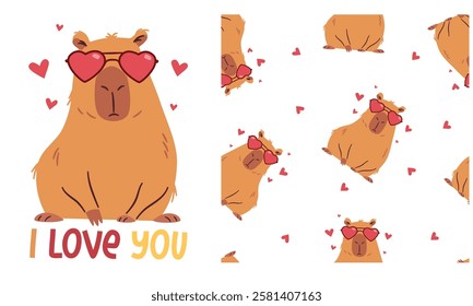 Vector set for printing on children's products. Cute capybara wearing heart-shaped sunglasses. Valentine's Day Holiday, printable print and seamless vector pattern 