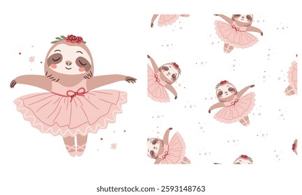 Vector set for printing on children's products. A cute sloth in a ballerina's tutu is dancing ballet. Printable print and seamless vector set in a simple children's style