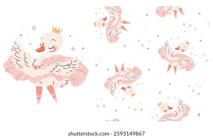 Vector set for printing on children's products. A cute swan in a ballerina's tutu is dancing ballet. Printable print and seamless vector set in a simple children's style