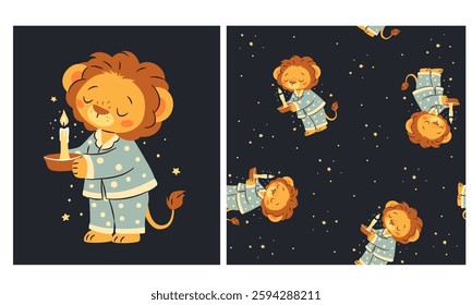 Vector set for printing on children's products. Cute lion cub in pajamas holding a burning candle, on dark background with stars. Print for printing and seamless vector pattern 