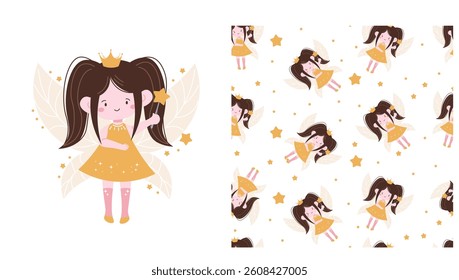Vector set for printing on children's products. Flat style illustration of a cute fairy with balck hair, holding a magic wand. Seamless pattern of a cute fairy with brown hair.