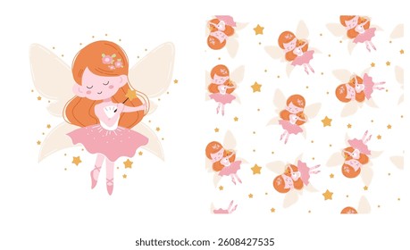Vector set for printing on children's products. Flat style illustration of a cute fairy with orange hair, holding a magic wand. Seamless pattern of a cute fairy with orange hair