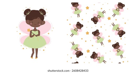 Vector set for printing on children's products. Flat style illustration of a cute black fairy, holding a magic wand. Seamless pattern of a cute black fairy with brown hair