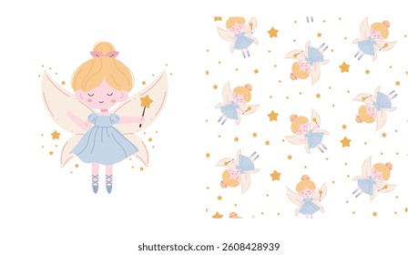 Vector set for printing on children's products. Flat style illustration of a cute fairy with blonde hair holding a magic wand. Seamless pattern of a cute fairy with blonde hair