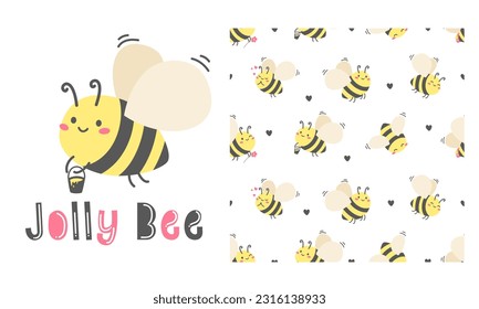 Vector set for printing on products. Printable print with a cute bee. Seamless pattern on white background with bees. Vector illustration