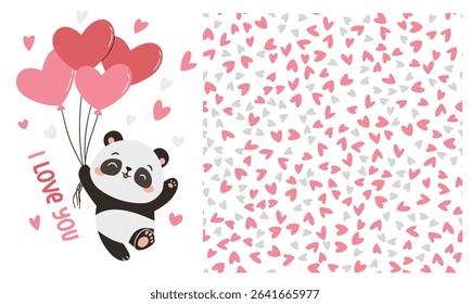 Vector set of prints to print on children's products for Valentine's Day. Cute panda flying on heart-shaped balloons, inscription I love you. Seamless vector pattern with hearts