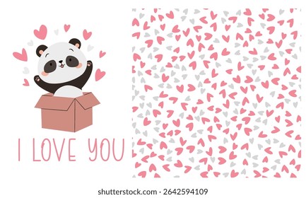 Vector set of prints to print on children's products for Valentine's Day. Cute panda jumping out of a box with hearts, inscription I love you. Seamless vector pattern with hearts