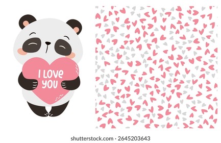 Vector set of prints to print on children's products for Valentine's Day. Cute panda in love holding a big heart, inscription I love you. Seamless vector pattern with hearts