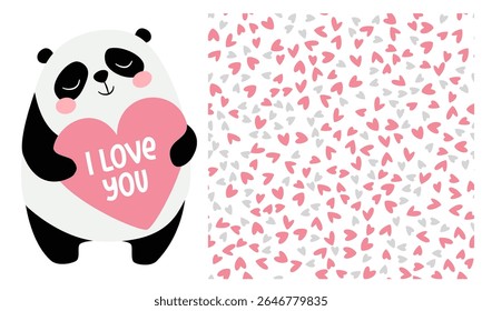 Vector set of prints to print on children's products for Valentine's Day. Cute panda in love holding a big heart, inscription I love you. Seamless vector pattern with hearts