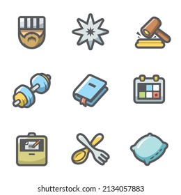 Conjunto de vectores de iconos de prisión. Prisionero, Tattoo, Corte, Deporte, Fe, Término, Abogado, Comida, Dormir.