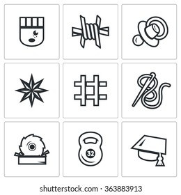Vector Set of Prison Icons. Prisoner, Isolation, Supervision, Tattoo, Cell, Sewing, Woodworking, Sport, Education. Criminal, Barbed wire, Nipple, Thief in law, Jail, Needle, Sawmill, Weight, Hat