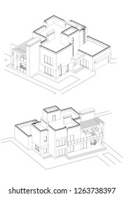 Vector set of private house facades, detailed architectural technical drawing, isometric, aerial view