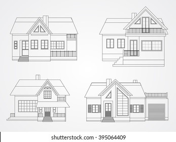 Vector set of private houses linear. Black contour.