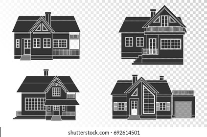 Vector set of private houses linear on a transparent background. Black silhouette.