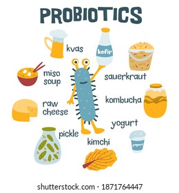 Vector set probiotic food. Hand drawn in doodle style. Products with beneficial bacteria. Healthy food concept. 