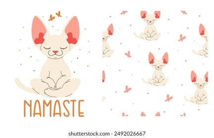 Juego de Vectores para impresión de productos, impresión y patrón transparente. Lindo gato de esfinge sentado en pose de loto y meditando, mariposas. Patrón de Vector sin costuras 