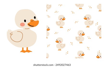 Vector set for product print, print and seamless pattern. Cute duckling. Seamless vector pattern 