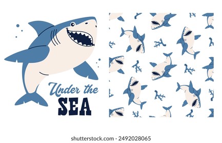 Vector set for product print, print and seamless pattern. Cute shark and lettering. Seamless vector pattern 