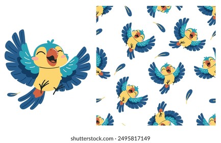 Vector set for product print, print and seamless pattern. Cute happy parrot and feathers on white background. Seamless vector pattern 