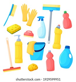 Vector set of products for cleaning. Isolated on a white background. Colorful collection of illustrations of detergents. Bottles, mop, sponge, sprays, bucket in cartoon style
