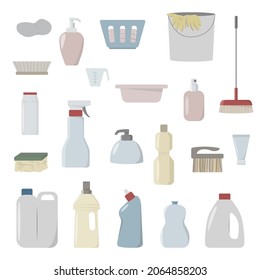 Vector set of products for cleaning. Isolated on a white background. Colorful collection of illustrations of detergents. Bottles, mop, sponge, sprays, bucket in cartoon style.