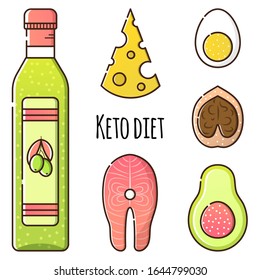 Vector set of products for keto diet. Olive oil, fish salmon, walnut, avocado, egg and cheese. Isolated objects icons on a white background. Linear style