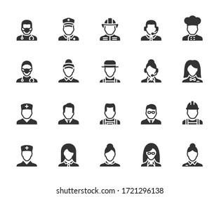 Vector set of profession flat icons. Contains icons doctor, seller, fireman, builder, administrator, maid, gardener, operator and more. Pixel perfect.