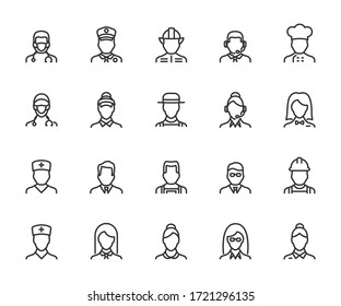 Vector set of profession line icons. Contains icons doctor, seller, fireman, builder, administrator, maid, gardener, operator and more. Pixel perfect.