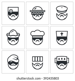 Vector Set of Profession People Icons. Doctor, Beekeeper, Hunter, Attendant, Cook, Priest, Homeless, Prisoner, Patient. Medic, Gardener, Forester, Boatman, Baker, Bishop, Migrant, Convict, person. 